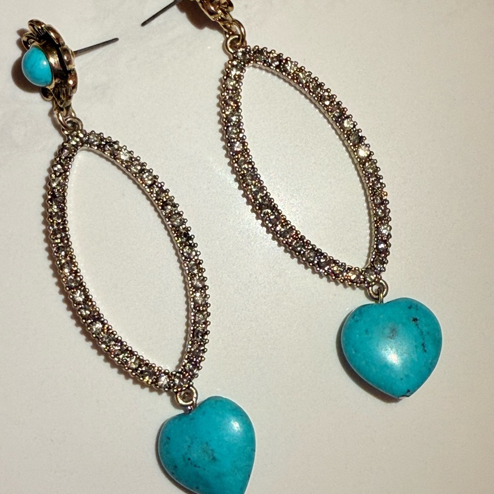Turquoise Heart Drop Earrings with Gold Accents